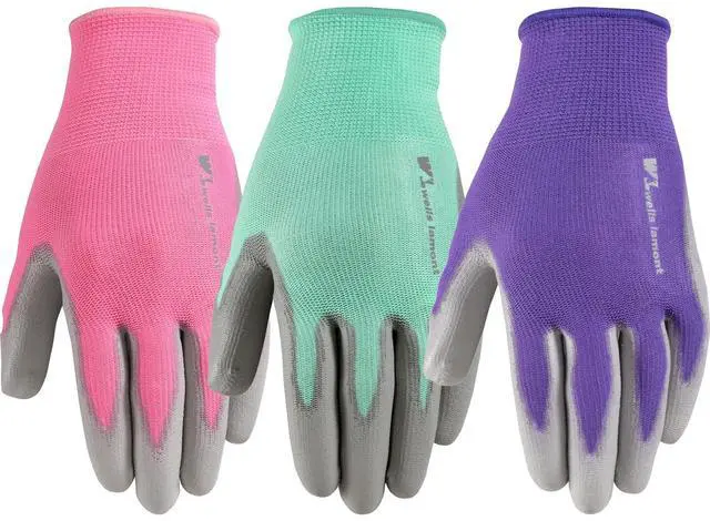 Main image of Gardening Gloves for Women Breathable Polyester, Seamless Fit PU-Coated Palm for Grip & Durability Elastic Wrist Pink/Green/Purple, Medium, Pack of 3 (413MF)