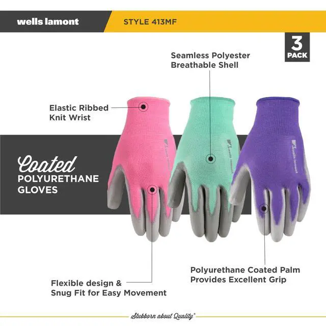 Alt view image 3 of 7 - Gardening Gloves for Women Breathable Polyester, Seamless Fit PU-Coated Palm for Grip & Durability Elastic Wrist Pink/Green/Purple, Medium, Pack of 3 (413MF)
