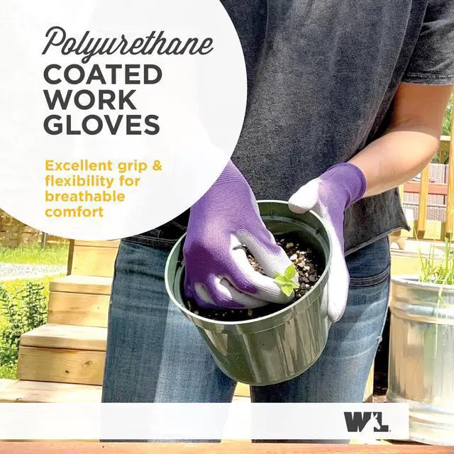 Alt view image 2 of 7 - Gardening Gloves for Women Breathable Polyester, Seamless Fit PU-Coated Palm for Grip & Durability Elastic Wrist Pink/Green/Purple, Medium, Pack of 3 (413MF)