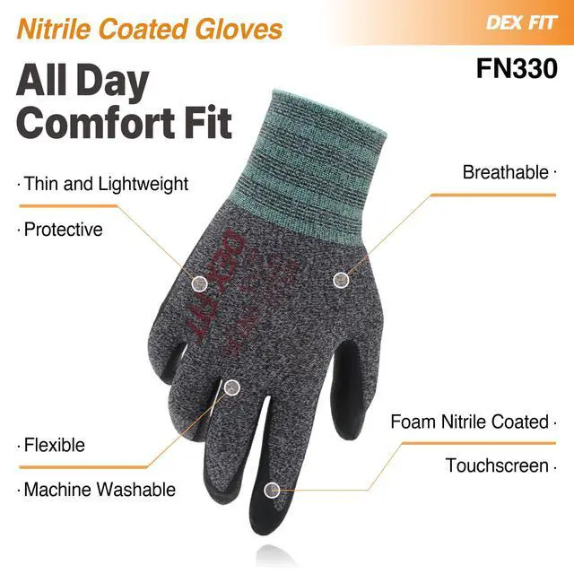 Alt view image 4 of 7 - Nitrile Work Gloves FN330, 1 Pair, 3D-Comfort Stretchy Fit, Firm Grip, Thin & Lightweight, Touch-Screen Compatible, Durable, Breathable & Cool, Machine Washable; Grey S (7)