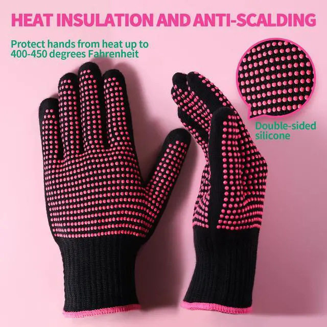 Alt view image 2 of 7 - 2 Pcs Heat Resistant Gloves With Silicone Bumps, Professional Heat Proof Glove Mitts For Hair Styling Curling Iron Wand Flat Iron Hot-Air Brushes Sublimation Gloves Rose Red