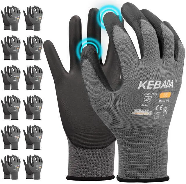 Main image of W1 Work Gloves for Men and Women, PU Coated Safety Gloves with Grip, Touchscreen, Ideal for Warehouse Package Handling, Construction, Gardening, 12 Pairs Gray Large