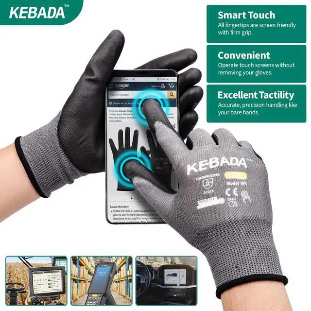 Alt view image 3 of 7 - W1 Work Gloves for Men and Women, PU Coated Safety Gloves with Grip, Touchscreen, Ideal for Warehouse Package Handling, Construction, Gardening, 12 Pairs Gray Large