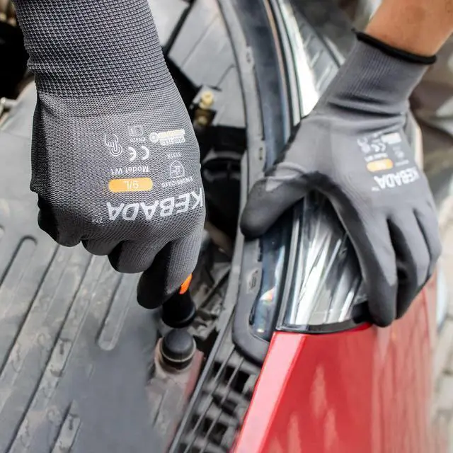 Alt view image 4 of 7 - W1 Work Gloves for Men and Women, PU Coated Safety Gloves with Grip, Touchscreen, Ideal for Warehouse Package Handling, Construction, Gardening, 12 Pairs Gray Large