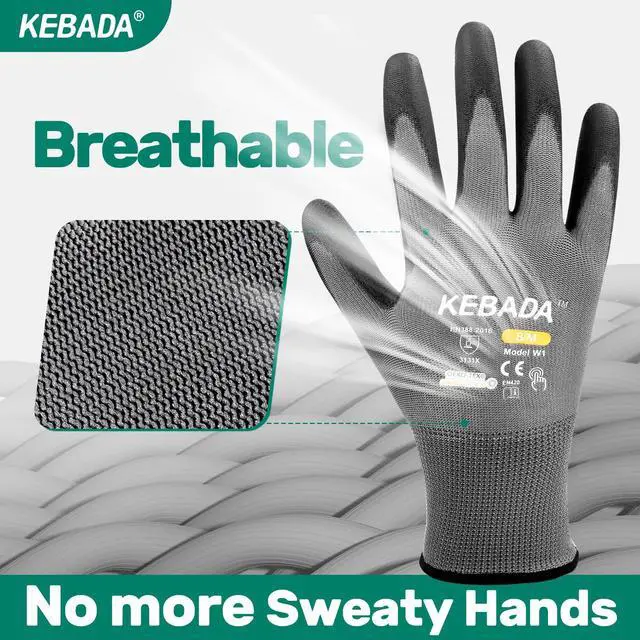 Alt view image 7 of 7 - W1 Work Gloves for Men and Women, PU Coated Safety Gloves with Grip, Touchscreen, Ideal for Warehouse Package Handling, Construction, Gardening, 12 Pairs Gray Large