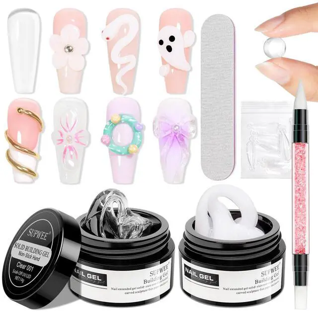 Main image of 3D Nail Art Gel Clear and White Solid Builder Gel for Nails Non-Stick Hand Sculpture Hard Gels with Dual Form for Carving Patterns Decoration Nail Art Home Manicure DIY