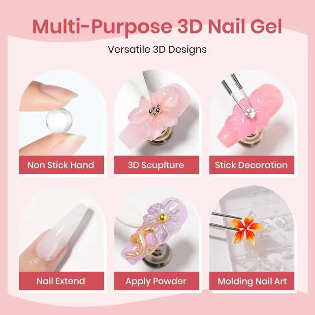 Alt view image 4 of 7 - 3D Nail Art Gel Clear and White Solid Builder Gel for Nails Non-Stick Hand Sculpture Hard Gels with Dual Form for Carving Patterns Decoration Nail Art Home Manicure DIY
