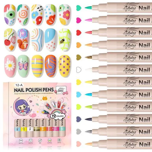 Main image of 12 Colors Nail Art Pens Set, 3D Nail Polish Pens, Quick-Drying Acrylic Paint Markers, 0.7mm Dotting Painting Liner Brush for DIY Nail Design, Home & Salon Manicure Tools