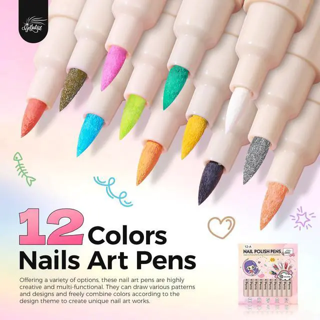 Alt view image 2 of 7 - 12 Colors Nail Art Pens Set, 3D Nail Polish Pens, Quick-Drying Acrylic Paint Markers, 0.7mm Dotting Painting Liner Brush for DIY Nail Design, Home & Salon Manicure Tools