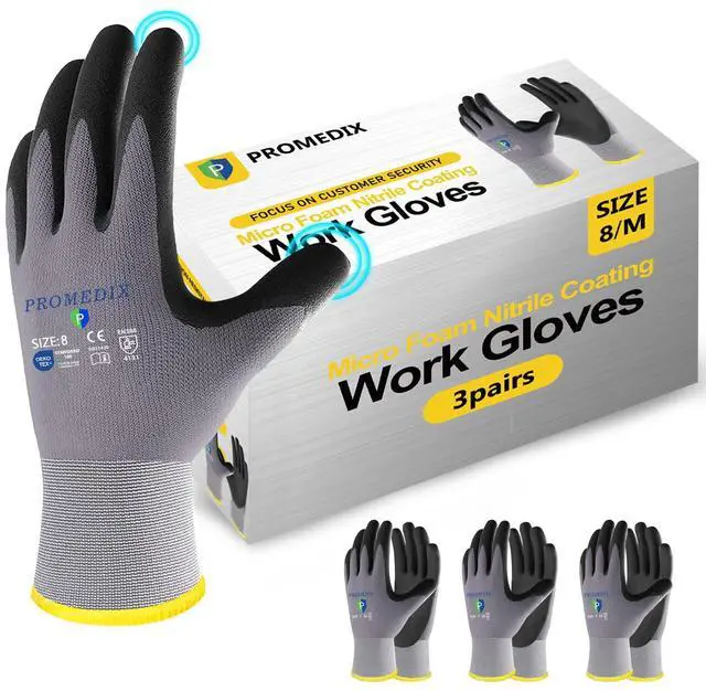 Main image of P 3 Pairs Work Gloves with Grip for Cleaning Garden Mechanic Fishing Working Nitrile Coated for Men Gardening M-3