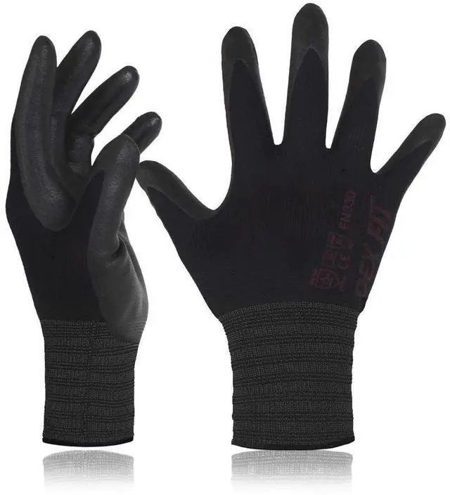 Main image of Nitrile Work Gloves FN330, 1 Pair, 3D-Comfort Stretchy Fit, Firm Grip, Thin & Lightweight, Touch-Screen Compatible, Durable, Breathable & Cool, Machine Washable; Black S (7)