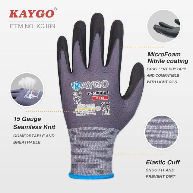 Alt view image 2 of 6 - Safety Work Gloves MicroFoam Nitrile Coated, 3 Pairs KG18NB,Seamless Knit Nylon Glove for Men and Women, Ideal for Automotive,Warehouse,Construction (Large,Gray)