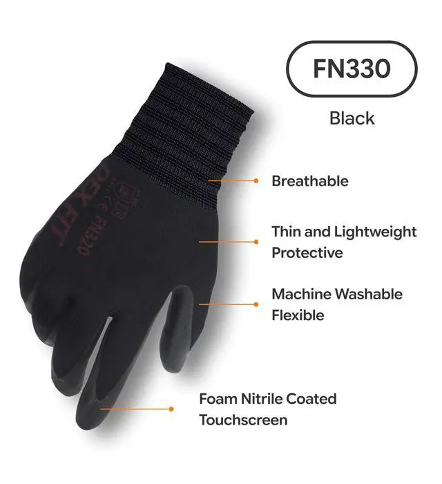 Alt view image 2 of 7 - Nitrile Work Gloves FN330, 1 Pair, 3D-Comfort Stretchy Fit, Firm Grip, Thin & Lightweight, Touch-Screen Compatible, Durable, Breathable & Cool, Machine Washable; Black S (7)