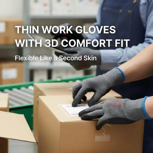 Alt view image 6 of 7 - Nitrile Work Gloves FN330, 1 Pair, 3D-Comfort Stretchy Fit, Firm Grip, Thin & Lightweight, Touch-Screen Compatible, Durable, Breathable & Cool, Machine Washable; Black S (7)