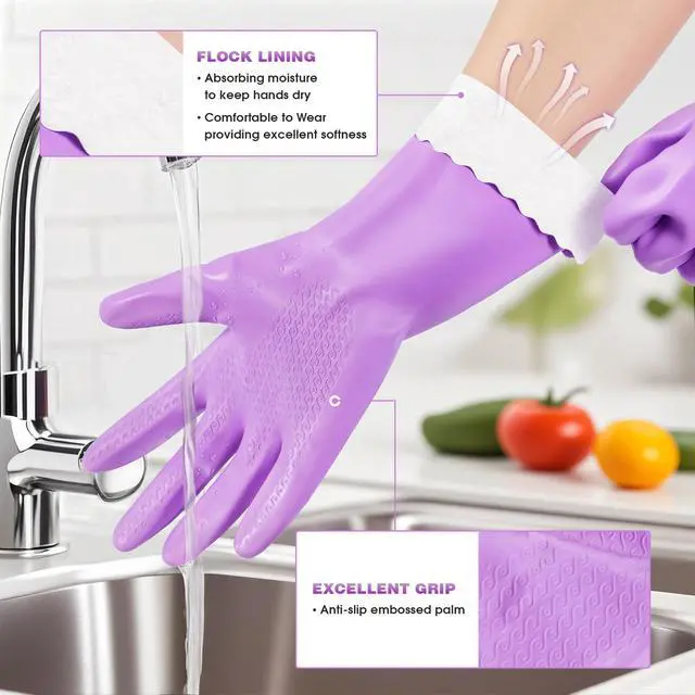 Alt view image 2 of 7 - Reusable Dishwashing Cleaning Gloves with Latex free, Cotton lining,Kitchen Gloves 2 Pairs,Purple+blue Medium