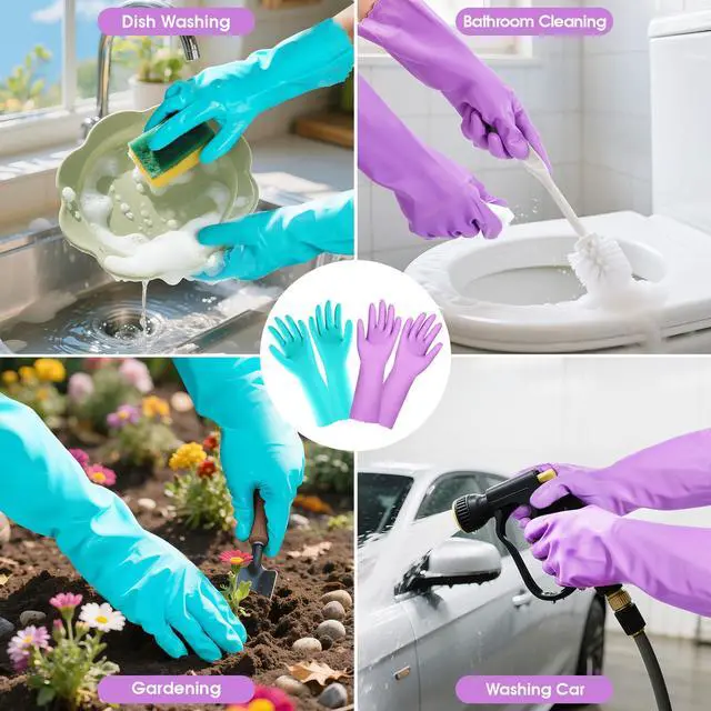 Alt view image 6 of 7 - Reusable Dishwashing Cleaning Gloves with Latex free, Cotton lining,Kitchen Gloves 2 Pairs,Purple+blue Medium