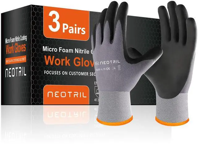 Main image of Safety Work Gloves MicroFoam Nitrile Coated-3 Pairs, Seamless Knit Nylon Bulk Pack Working Gloves with Grip for Men Women Light Duty Work,Automotive,Warehouse (Gray,L)