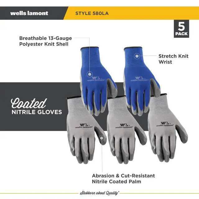 Alt view image 3 of 6 - Nitrile-Coated Work Gloves - Abrasion & Cut Resistant, 5 Pack - Large (Pack of 5)