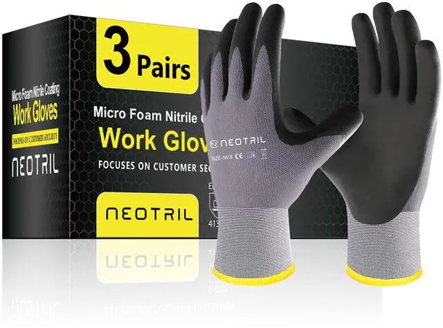 Main image of Safety Work Gloves MicroFoam Nitrile Coated-3 Pairs, Seamless Knit Nylon Bulk Pack Working Gloves with Grip for Men Women Light Duty Work,Automotive,Warehouse (Gray,M)