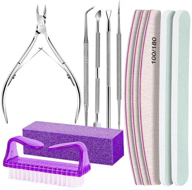 Main image of Manicure and Pedicure Tools Kit, Manicure Kit, Nail Files 100/180, Nail Buffer Block, Nail Cuticle Nippers, Cuticle Pusher, Cuticle Peeler, Ingrown Toenail Tool, Toenail File, Purple