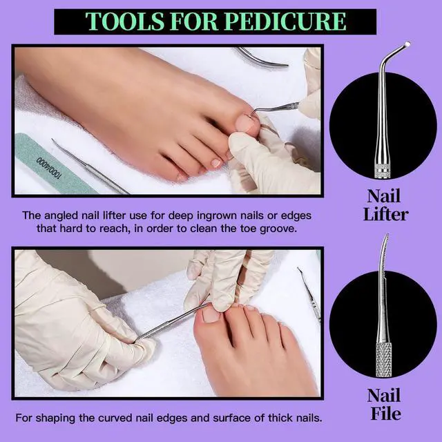 Alt view image 5 of 7 - Manicure and Pedicure Tools Kit, Manicure Kit, Nail Files 100/180, Nail Buffer Block, Nail Cuticle Nippers, Cuticle Pusher, Cuticle Peeler, Ingrown Toenail Tool, Toenail File, Purple