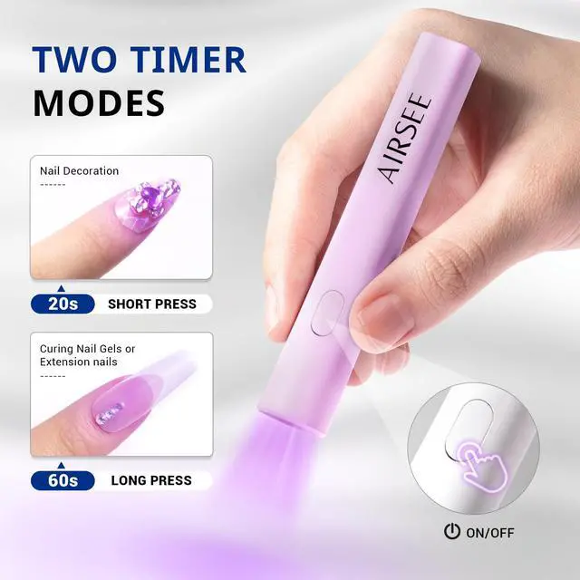 Alt view image 3 of 6 - Mini Handheld UV Light for Gel Nails,Portable Rechargeable Nail Lamps,2 Timers for Rhinestone Glue Decoration,Gel Nail Strips at Home,Travel(Purple)