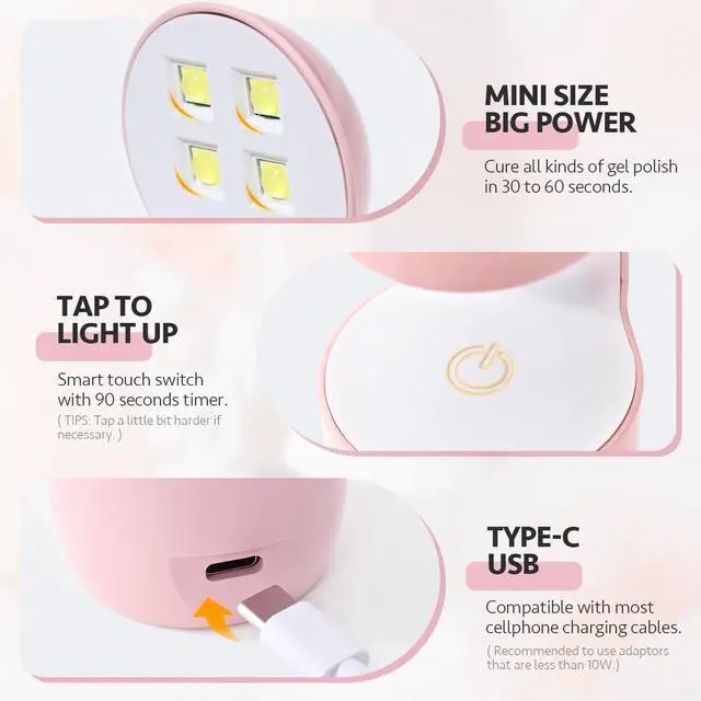 Alt view image 3 of 6 - Mini UV Light for Gel Nails, Small Curing Light, Eggshell LED Nail Lamp, Fast Curing, Pink