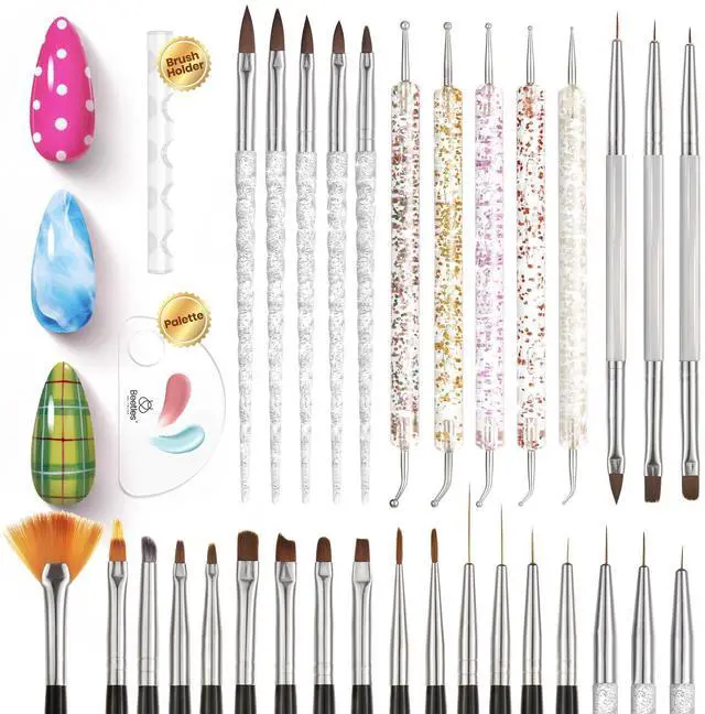 Main image of 31pcs Nail Art Brushes, Dotting Tools, Nail Art Pens, Dust Brush, Striping Liner Fingernail Drawing Pens with Palette Holder Metal Handle All in One for Starter Manicure Design Set