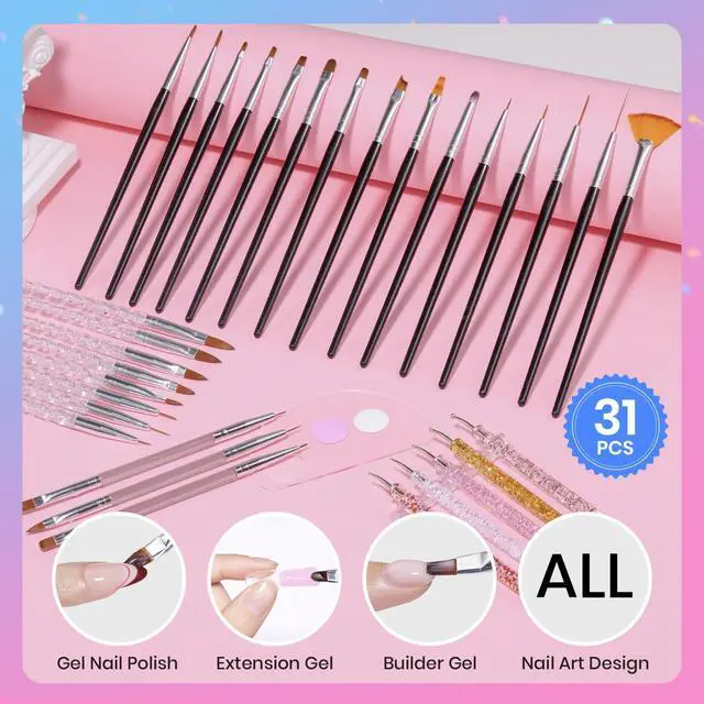 Alt view image 7 of 7 - 31pcs Nail Art Brushes, Dotting Tools, Nail Art Pens, Dust Brush, Striping Liner Fingernail Drawing Pens with Palette Holder Metal Handle All in One for Starter Manicure Design Set