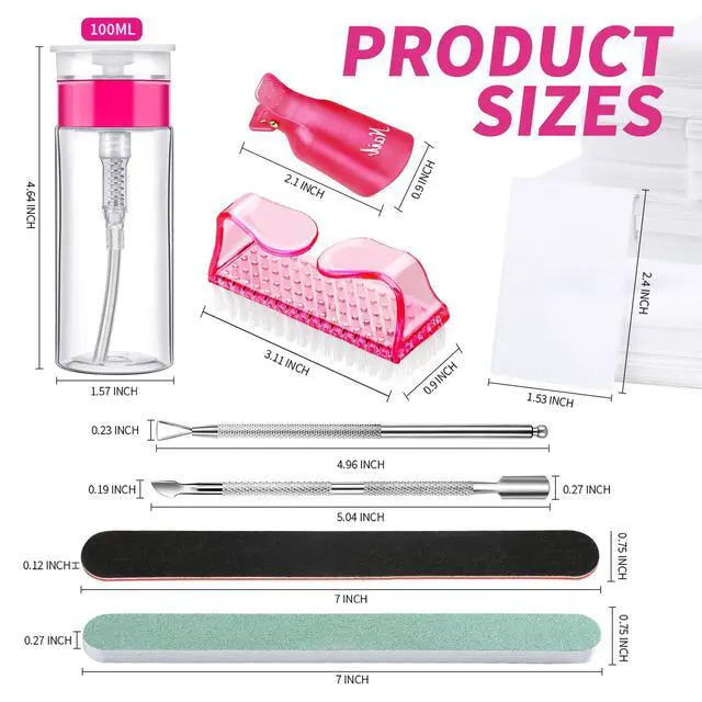 Alt view image 7 of 7 - Nail Polish Gel Remover Tools Kit with Nail Clips, 100ml Nail Polish Remover Bottle, 500 Nail Remover Cotton Pad, Nail Brush, Cuticle Pusher/Peeler, 100/180 Nail File,Buffer Block