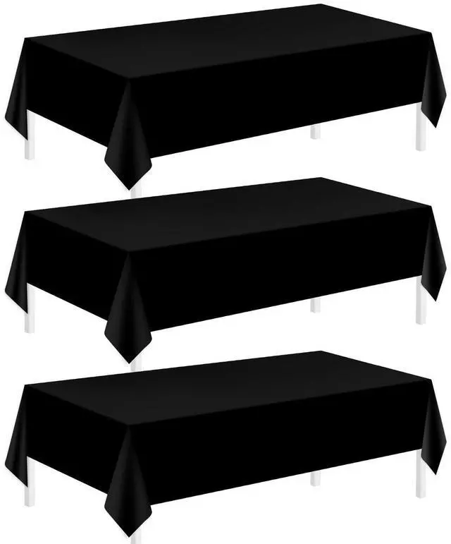Main image of 3 Pack Plastic Tablecloths for Rectangle Tables 54" x 108" Black Disposable Table Cloths for 6 to 8 Foot Tables Indoor or Outdoor Parties Birthday Wedding Christmas Anniversary Buffet Table