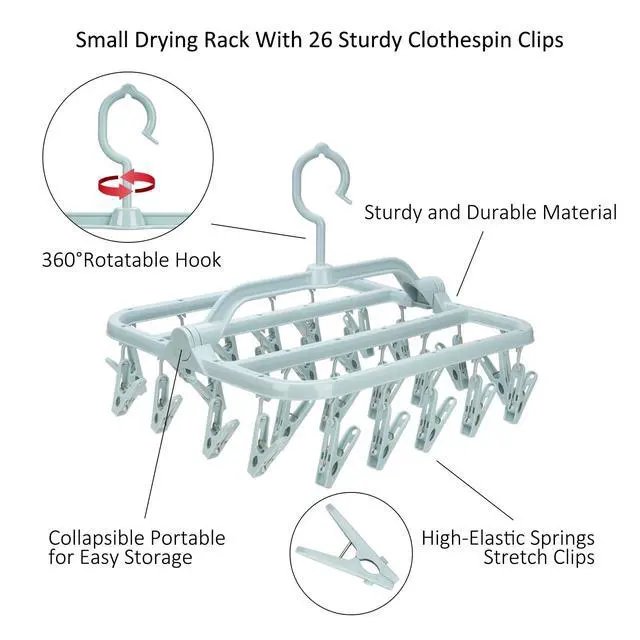 Alt view image 5 of 7 - Foldable Clip Hangers with 26 Drying Clips, Underwear Hanger with Clips, Plastic Laundry Clip and Drip Drying Hanger for Socks, Bras, Lingerie, Clothes, Sturdy, Blue