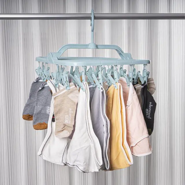 Alt view image 7 of 7 - Foldable Clip Hangers with 26 Drying Clips, Underwear Hanger with Clips, Plastic Laundry Clip and Drip Drying Hanger for Socks, Bras, Lingerie, Clothes, Sturdy, Blue