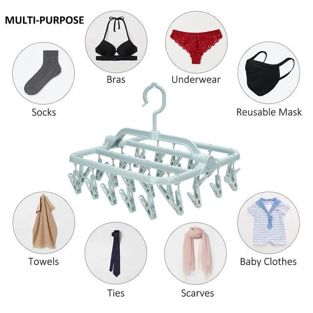 Alt view image 2 of 7 - Foldable Clip Hangers with 26 Drying Clips, Underwear Hanger with Clips, Plastic Laundry Clip and Drip Drying Hanger for Socks, Bras, Lingerie, Clothes, Sturdy, Blue