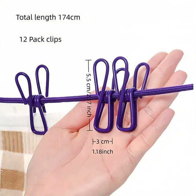Alt view image 2 of 7 - Portable Clothesline with 12 Clips - Extends 12ft, Heavy Duty Stainless Steel Hooks, Windproof for Travel/Camping/Indoor Use, Purple