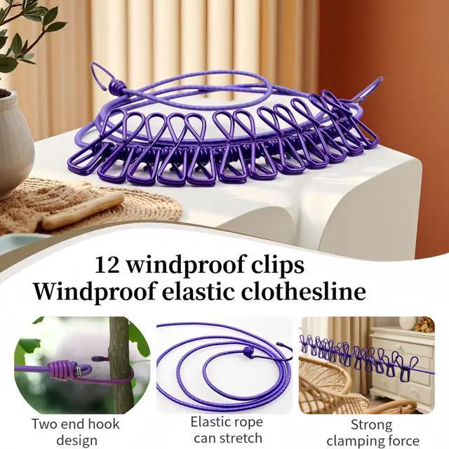 Alt view image 5 of 7 - Portable Clothesline with 12 Clips - Extends 12ft, Heavy Duty Stainless Steel Hooks, Windproof for Travel/Camping/Indoor Use, Purple