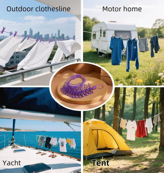 Alt view image 6 of 7 - Portable Clothesline with 12 Clips - Extends 12ft, Heavy Duty Stainless Steel Hooks, Windproof for Travel/Camping/Indoor Use, Purple