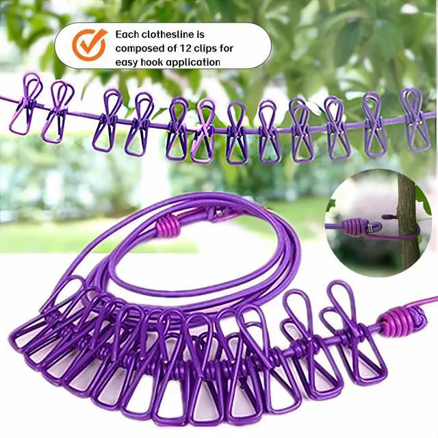 Alt view image 4 of 7 - Portable Clothesline with 12 Clips - Extends 12ft, Heavy Duty Stainless Steel Hooks, Windproof for Travel/Camping/Indoor Use, Purple