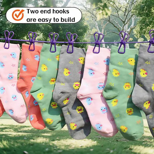 Alt view image 7 of 7 - Portable Clothesline with 12 Clips - Extends 12ft, Heavy Duty Stainless Steel Hooks, Windproof for Travel/Camping/Indoor Use, Purple