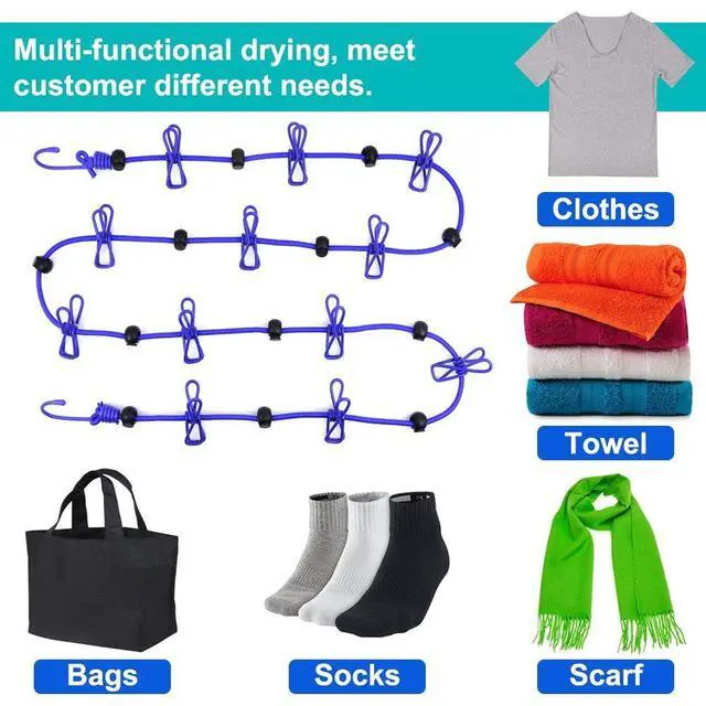 Alt view image 3 of 7 - Portable Travel Clothesline, Adjustable Elastic Travel Camping Retractable Clothesline with 12pcs Clips for Outdoor and Indoor Use (Blue)