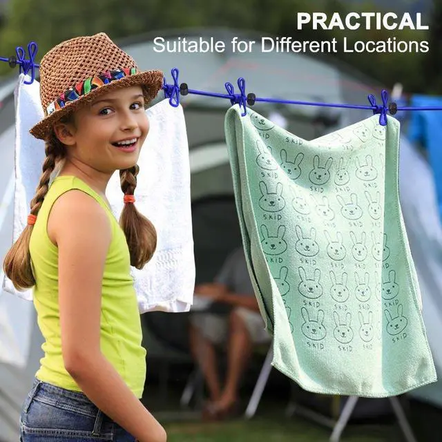 Alt view image 4 of 7 - Portable Travel Clothesline, Adjustable Elastic Travel Camping Retractable Clothesline with 12pcs Clips for Outdoor and Indoor Use (Blue)