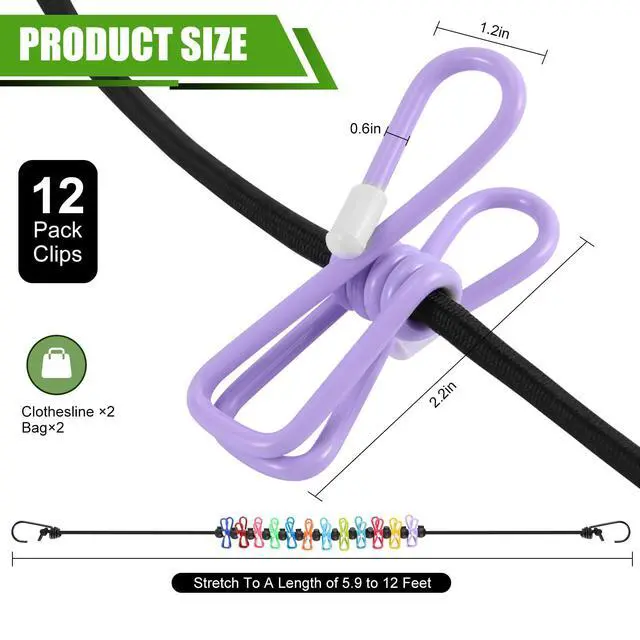 Alt view image 7 of 7 - 2 Pack Camping Clothesline Portable 12 Clothespins, Colorful