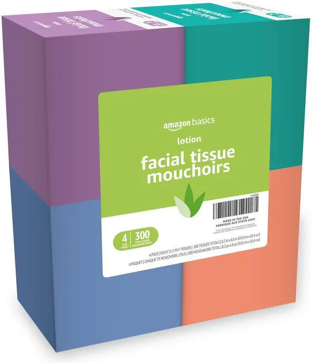 Main image of Facial Tissues with Lotion, 2-Ply, 300 Count (4 Boxes, 75 Tissues per Box), Packaging May Vary