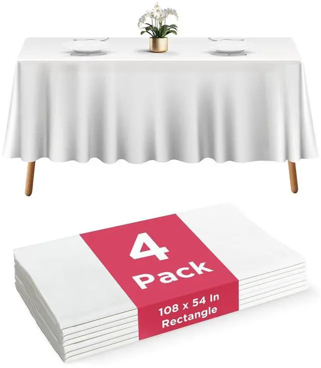 Main image of 4 Pack Plastic Table Cloth Disposable - 108" x 54" White Table Cloth Rectangle Table Cover - Heavy-Duty Waterproof Disposable Tablecloths for Weddings, Parties, BBQs, and Outdoor Dining Events