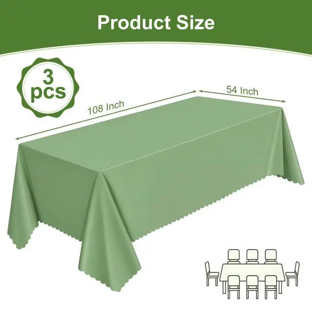 Alt view image 2 of 7 - 3 Pack Plastic Sage Green Tablecloth, 54 X 108Inch Scalloped Table Cover Disposable Sage Green Tables Cloth for Rectangle Tables Waterproof Table Cover for Baby Shower Bridal Tea Party Wedding