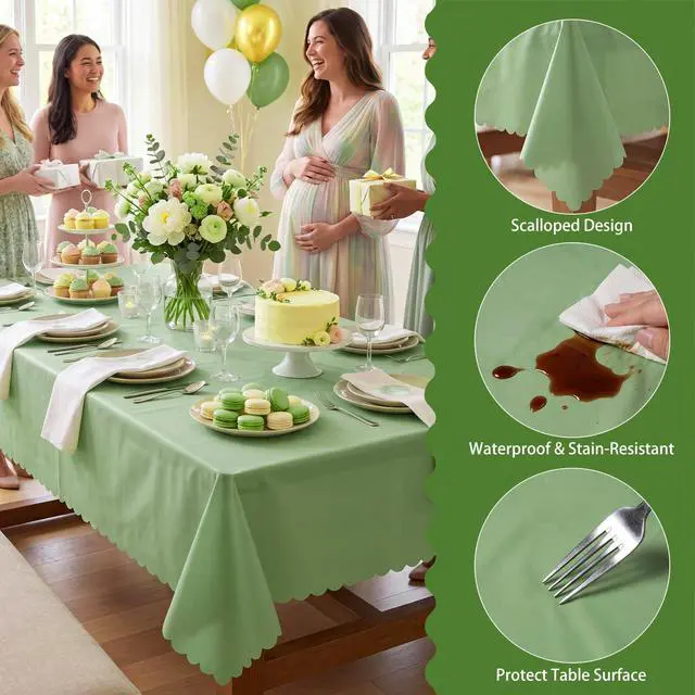Alt view image 3 of 7 - 3 Pack Plastic Sage Green Tablecloth, 54 X 108Inch Scalloped Table Cover Disposable Sage Green Tables Cloth for Rectangle Tables Waterproof Table Cover for Baby Shower Bridal Tea Party Wedding