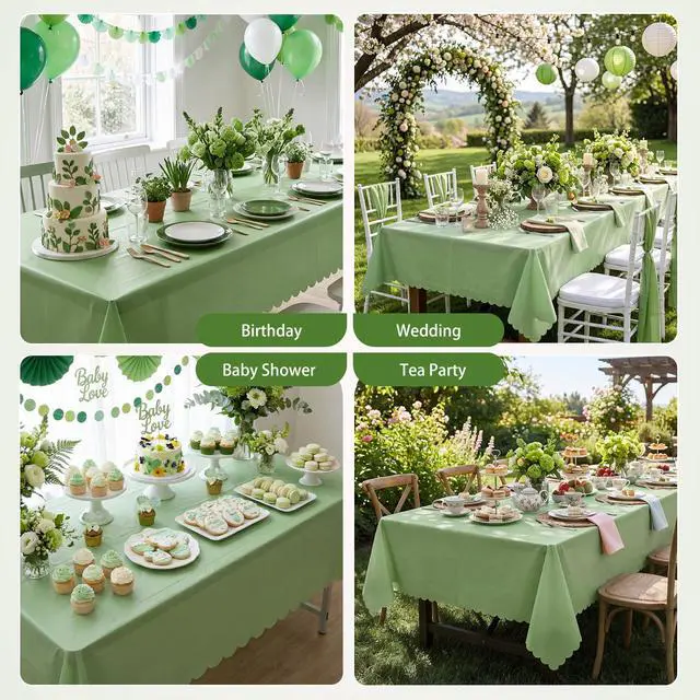 Alt view image 6 of 7 - 3 Pack Plastic Sage Green Tablecloth, 54 X 108Inch Scalloped Table Cover Disposable Sage Green Tables Cloth for Rectangle Tables Waterproof Table Cover for Baby Shower Bridal Tea Party Wedding