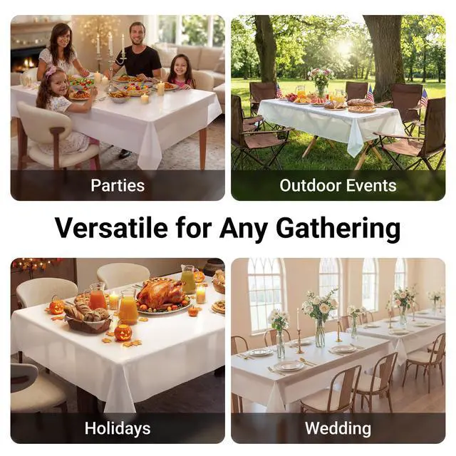 Alt view image 7 of 7 - White Premium Plastic Tablecloths 10 Pack, 54 x 108 Inch Rectangle Disposable Table Covers for 8FT Tables, Waterproof Spill-Proof, Easy Cleanup for Birthday, Parties and Weddings