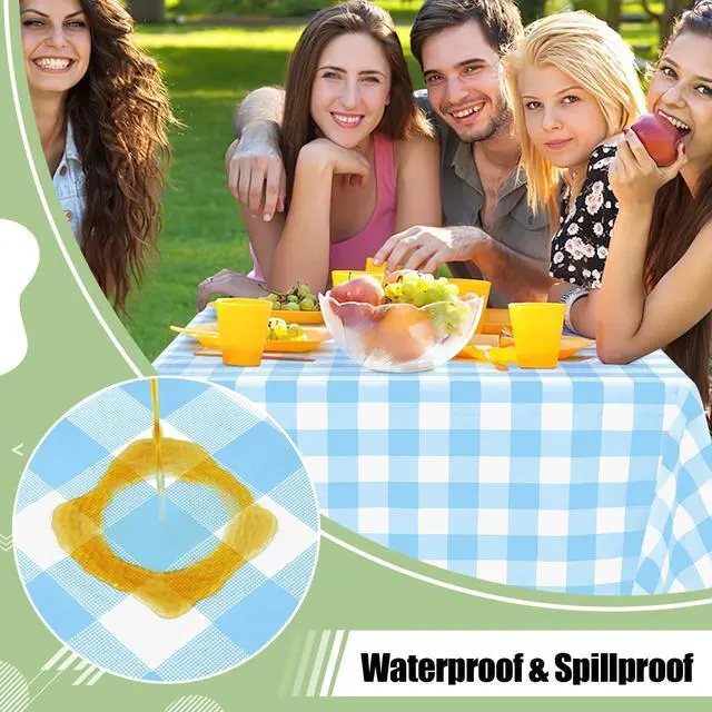 Alt view image 3 of 7 - 4 Packs 54 x 78 Inch Buffalo Disposable Table Cloth, Waterproof Plastic Tablecloth, Rectangle Baby Blue and White Checkered Table Covers for Picnic, Birthday, Party