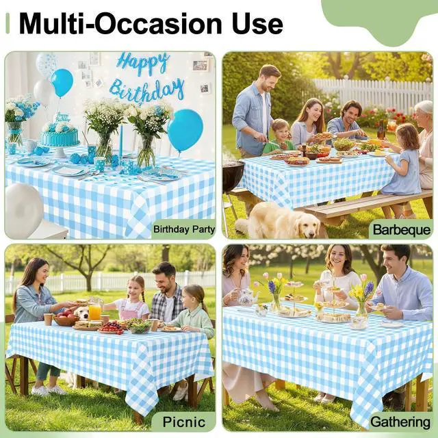 Alt view image 7 of 7 - 4 Packs 54 x 78 Inch Buffalo Disposable Table Cloth, Waterproof Plastic Tablecloth, Rectangle Baby Blue and White Checkered Table Covers for Picnic, Birthday, Party
